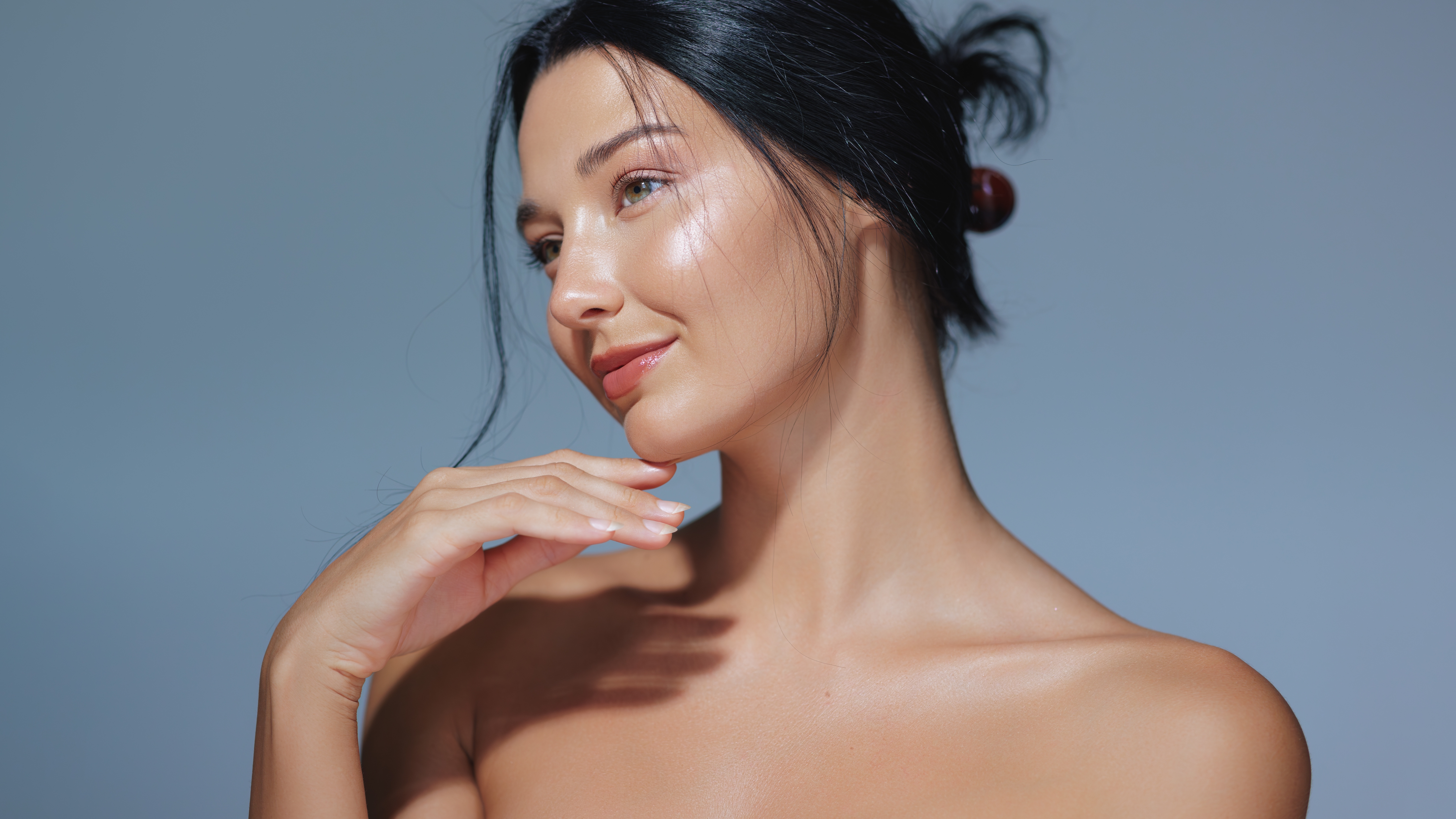 Younger brunette woman with clear, beautiful skin