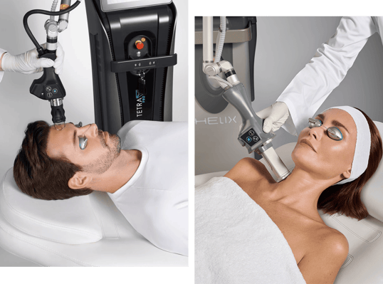 two-pictures-of-man-and-woman-receiving-coolpeel-treatment-on-hand-and-forehead